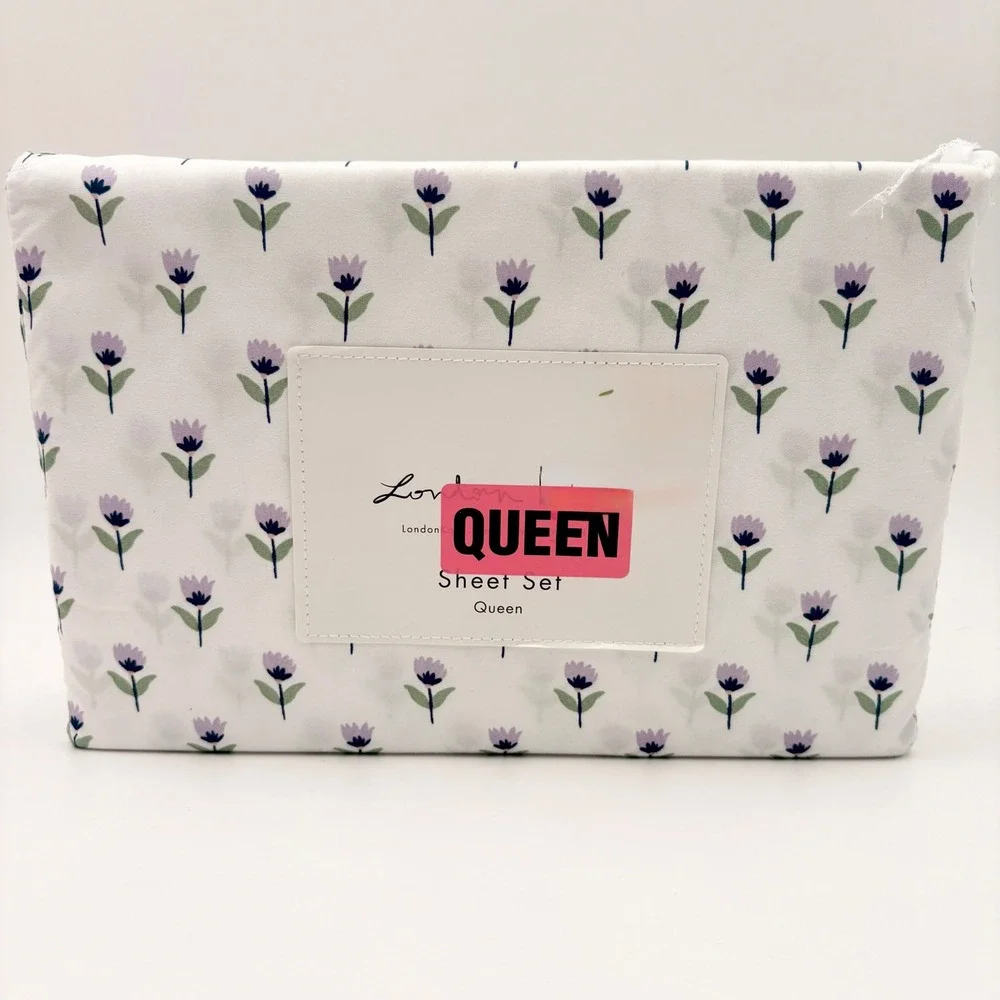 London‎ Kaye Queen Sheet Set White Purple Tulip Floral Print Microfiber 4 Piece